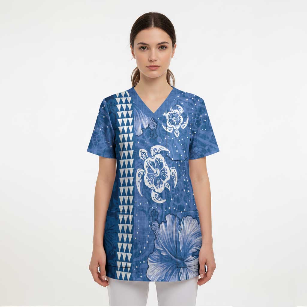 Blue Hibiscus Turle Scrub Top Hawaiian Style Tribal Tapa Pattern - Polynesian Pride