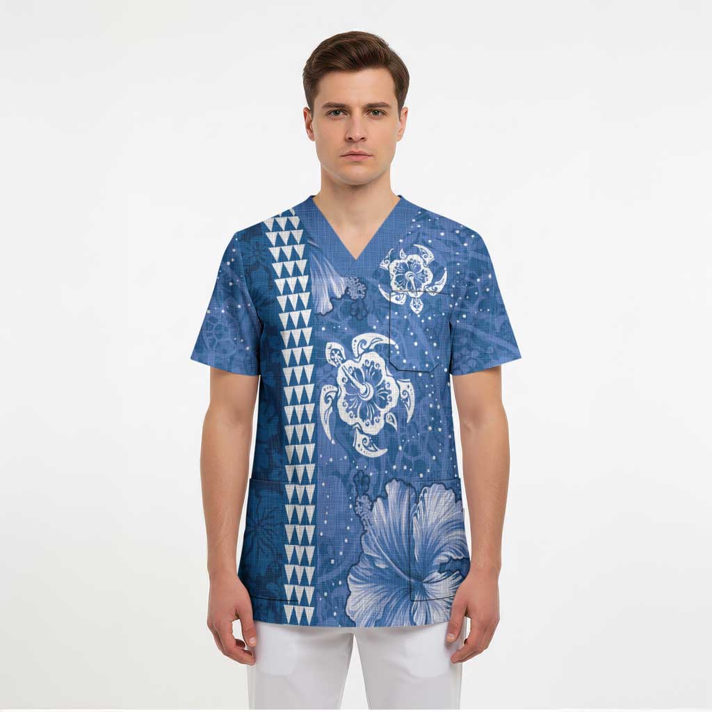 Blue Hibiscus Turle Scrub Top Hawaiian Style Tribal Tapa Pattern - Polynesian Pride