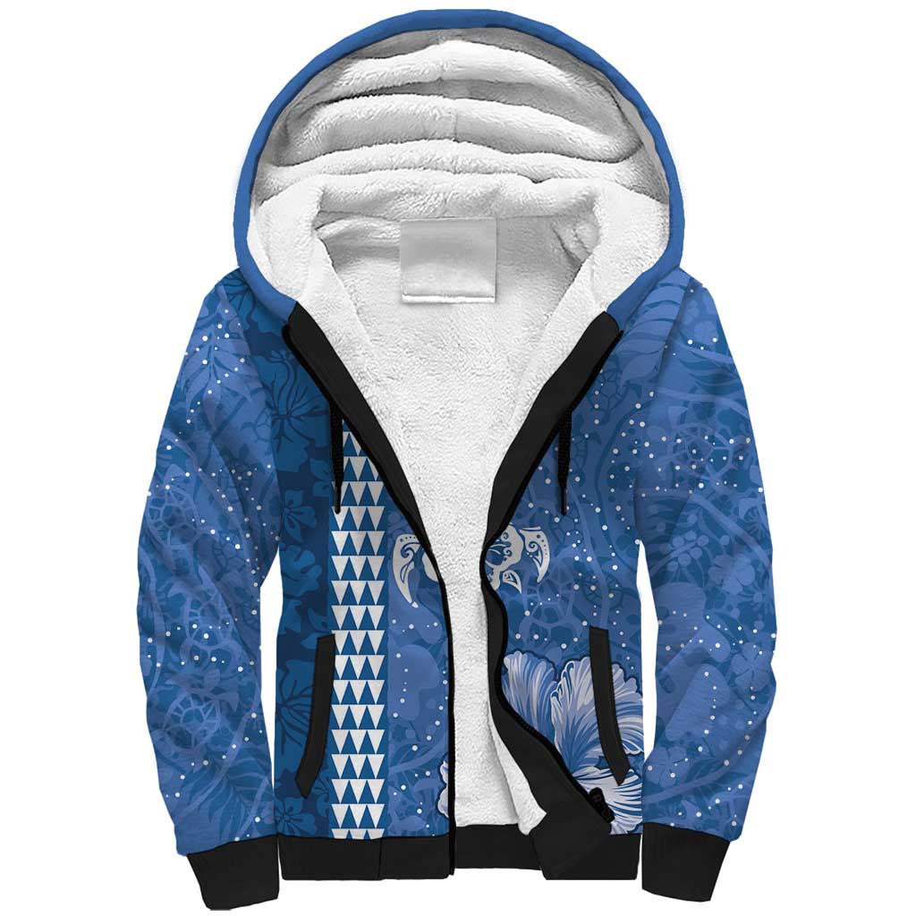 Blue Hibiscus Turle Sherpa Hoodie Hawaiian Style Tribal Tapa Pattern