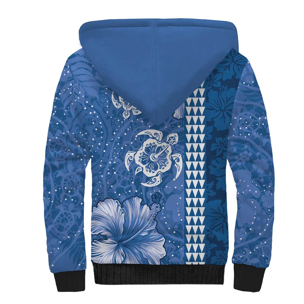 Blue Hibiscus Turle Sherpa Hoodie Hawaiian Style Tribal Tapa Pattern