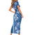 Blue Hibiscus Turle Short Sleeve Bodycon Dress Hawaiian Style Tribal Tapa Pattern