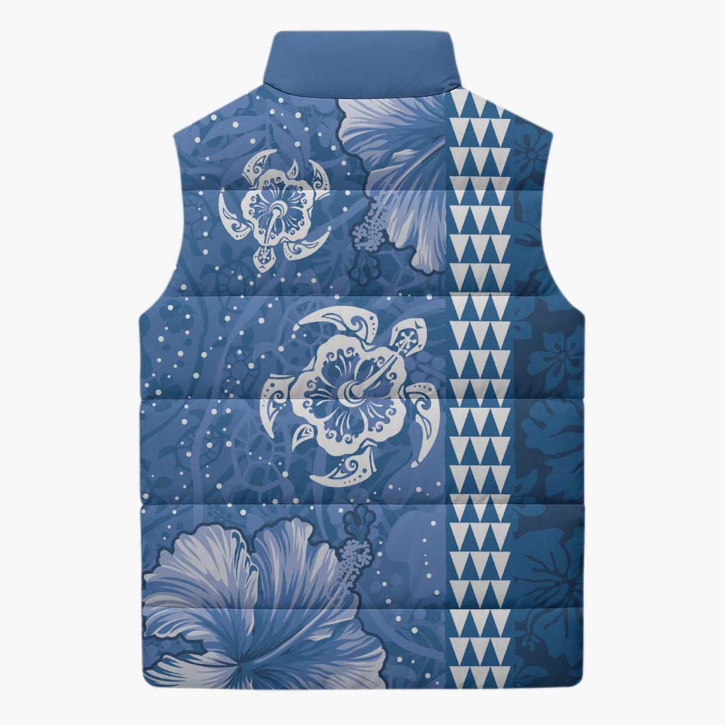 Blue Hibiscus Turle Sleeveless Puffer Jacket Hawaiian Style Tribal Tapa Pattern - Polynesian Pride
