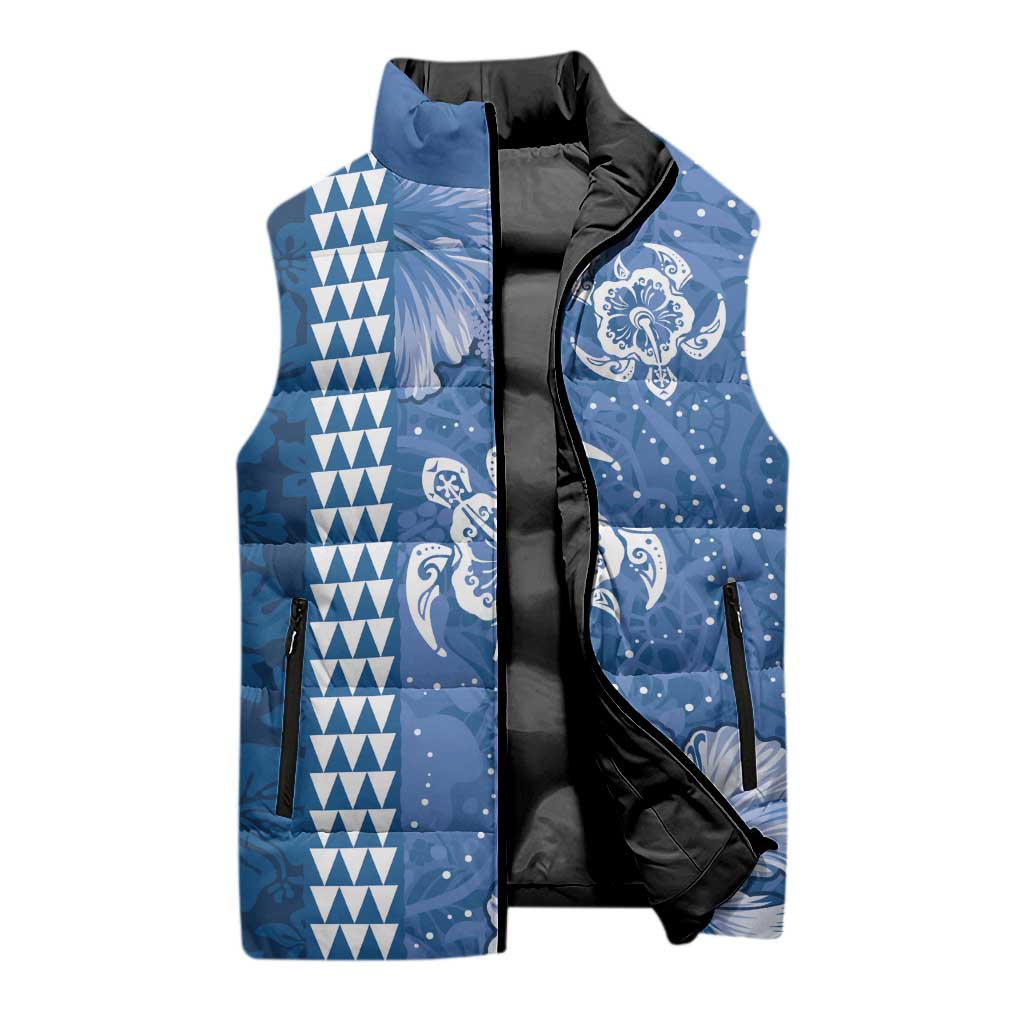 Blue Hibiscus Turle Sleeveless Puffer Jacket Hawaiian Style Tribal Tapa Pattern - Polynesian Pride