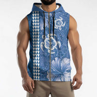 Blue Hibiscus Turle Sleeveless Zip Hoodie Hawaiian Style Tribal Tapa Pattern - Polynesian Pride