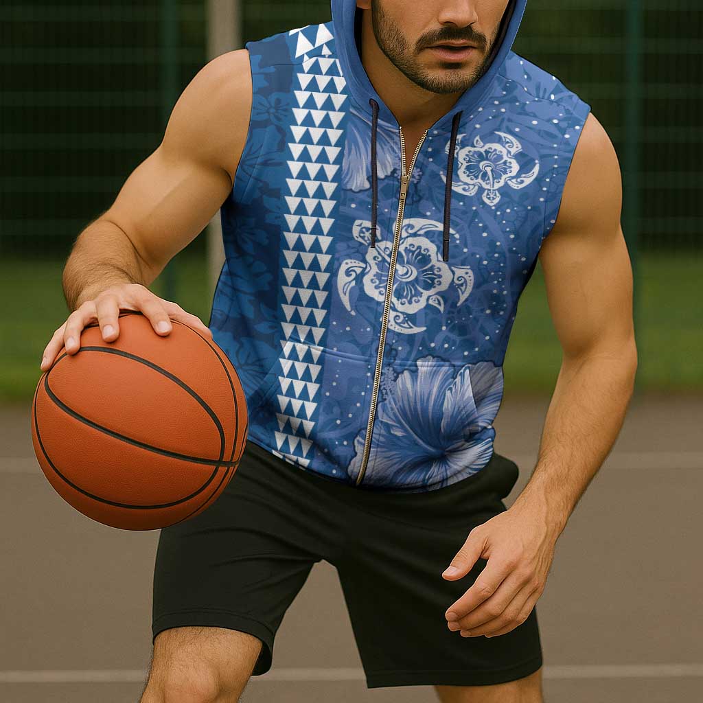 Blue Hibiscus Turle Sleeveless Zip Hoodie Hawaiian Style Tribal Tapa Pattern - Polynesian Pride
