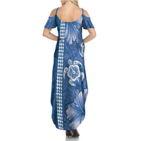 Blue Hibiscus Turle Summer Maxi Dress Hawaiian Style Tribal Tapa Pattern