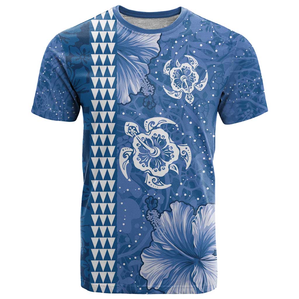 Blue Hibiscus Turle T Shirt Hawaiian Style Tribal Tapa Pattern