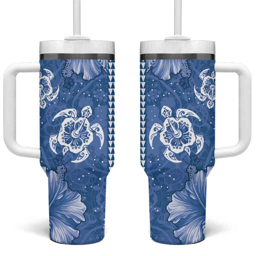 Blue Hibiscus Turle Tumbler With Handle Hawaiian Style Tribal Tapa Pattern