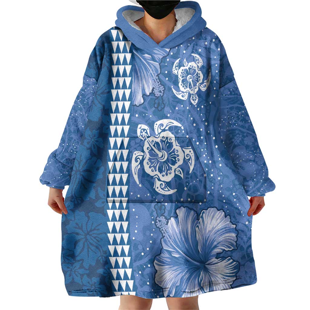 Blue Hibiscus Turle Wearable Blanket Hoodie Hawaiian Style Tribal Tapa Pattern