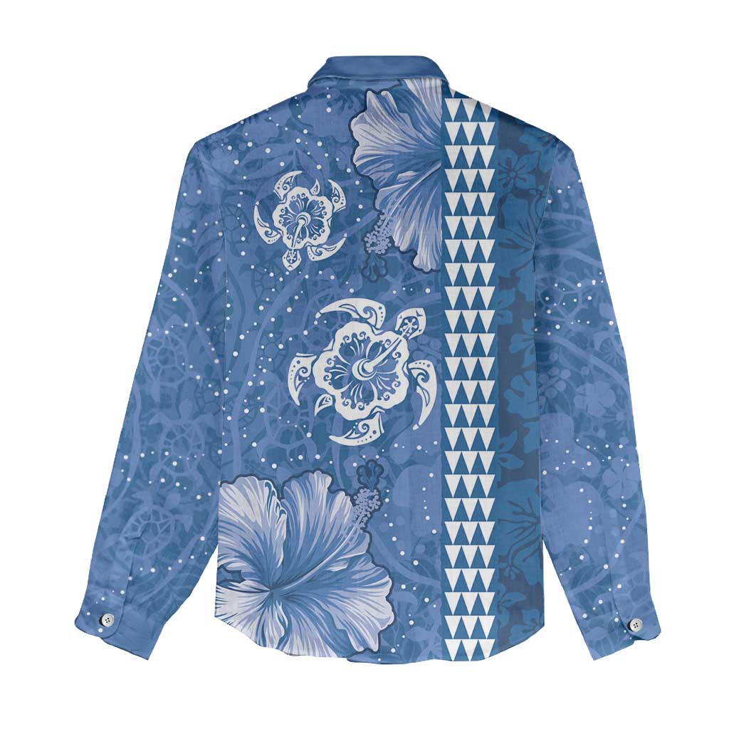 Blue Hibiscus Turle Women Casual Shirt Hawaiian Style Tribal Tapa Pattern