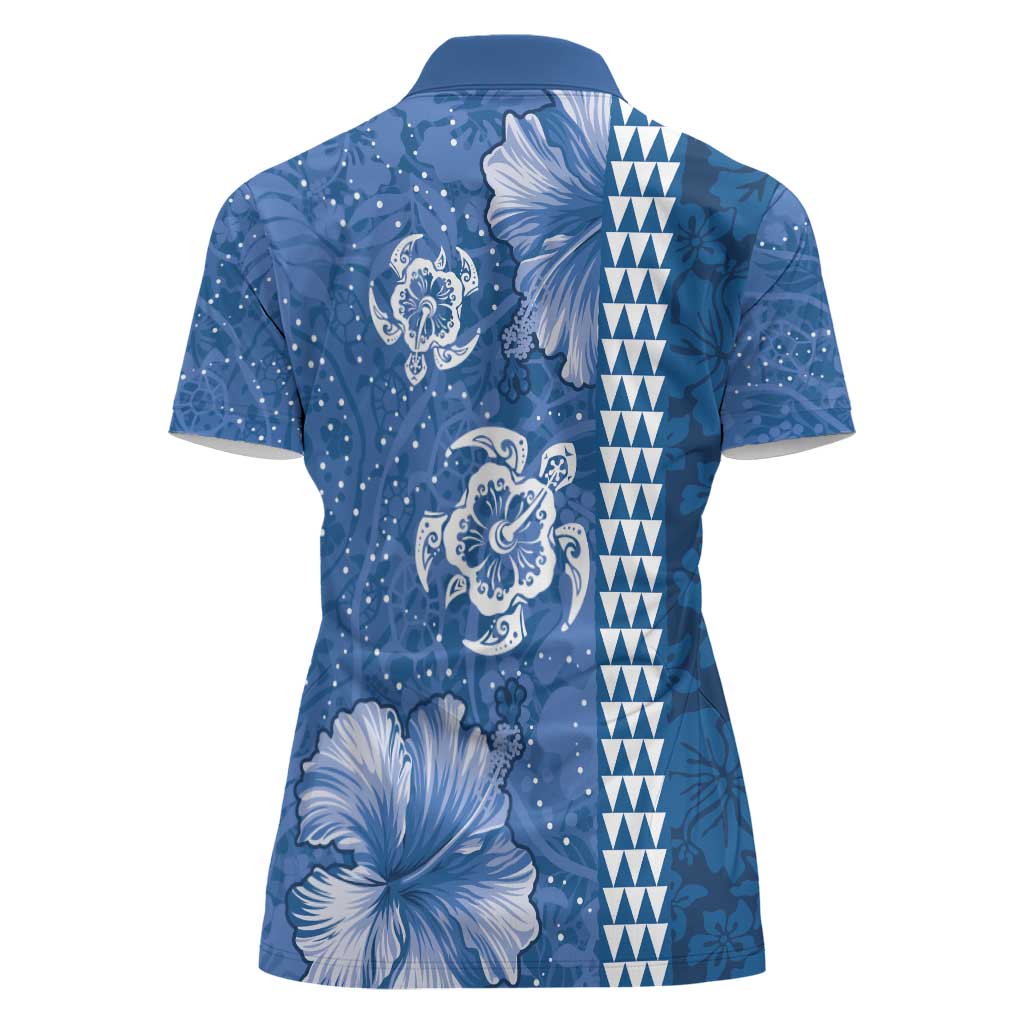 Blue Hibiscus Turle Women Polo Shirt Hawaiian Style Tribal Tapa Pattern