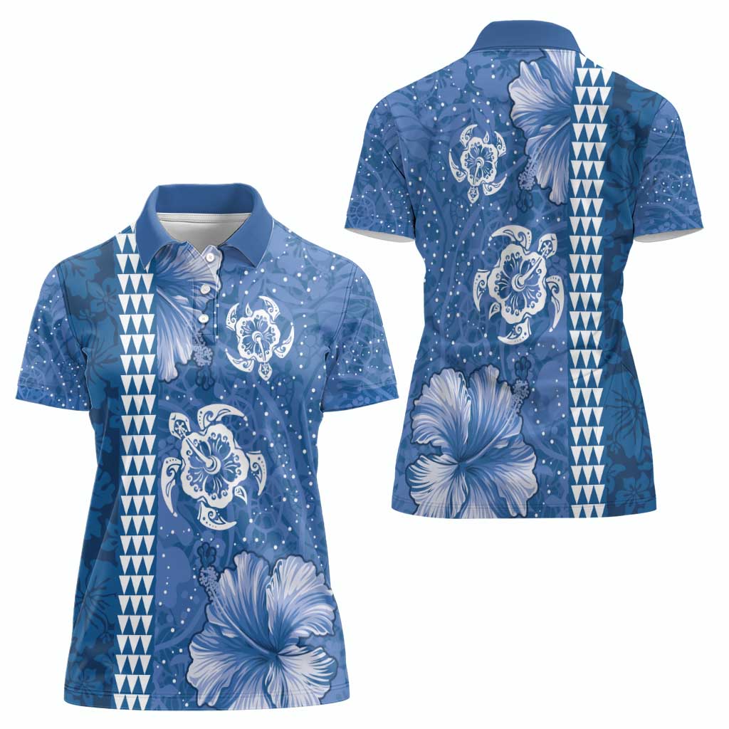 Blue Hibiscus Turle Women Polo Shirt Hawaiian Style Tribal Tapa Pattern