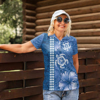 Blue Hibiscus Turle Women Polo Shirt Hawaiian Style Tribal Tapa Pattern