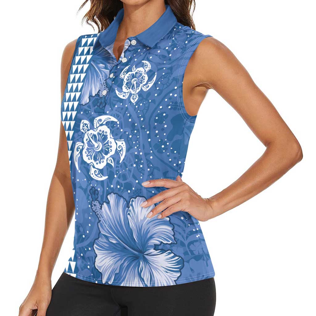 Blue Hibiscus Turle Women Sleeveless Polo Shirt Hawaiian Style Tribal Tapa Pattern