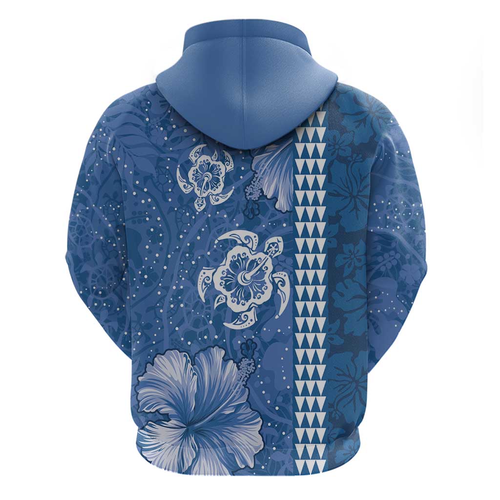 Blue Hibiscus Turle Zip Hoodie Hawaiian Style Tribal Tapa Pattern