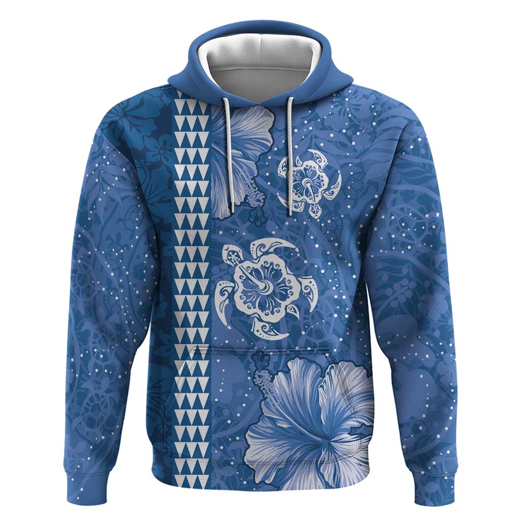 Blue Hibiscus Turle Zip Hoodie Hawaiian Style Tribal Tapa Pattern
