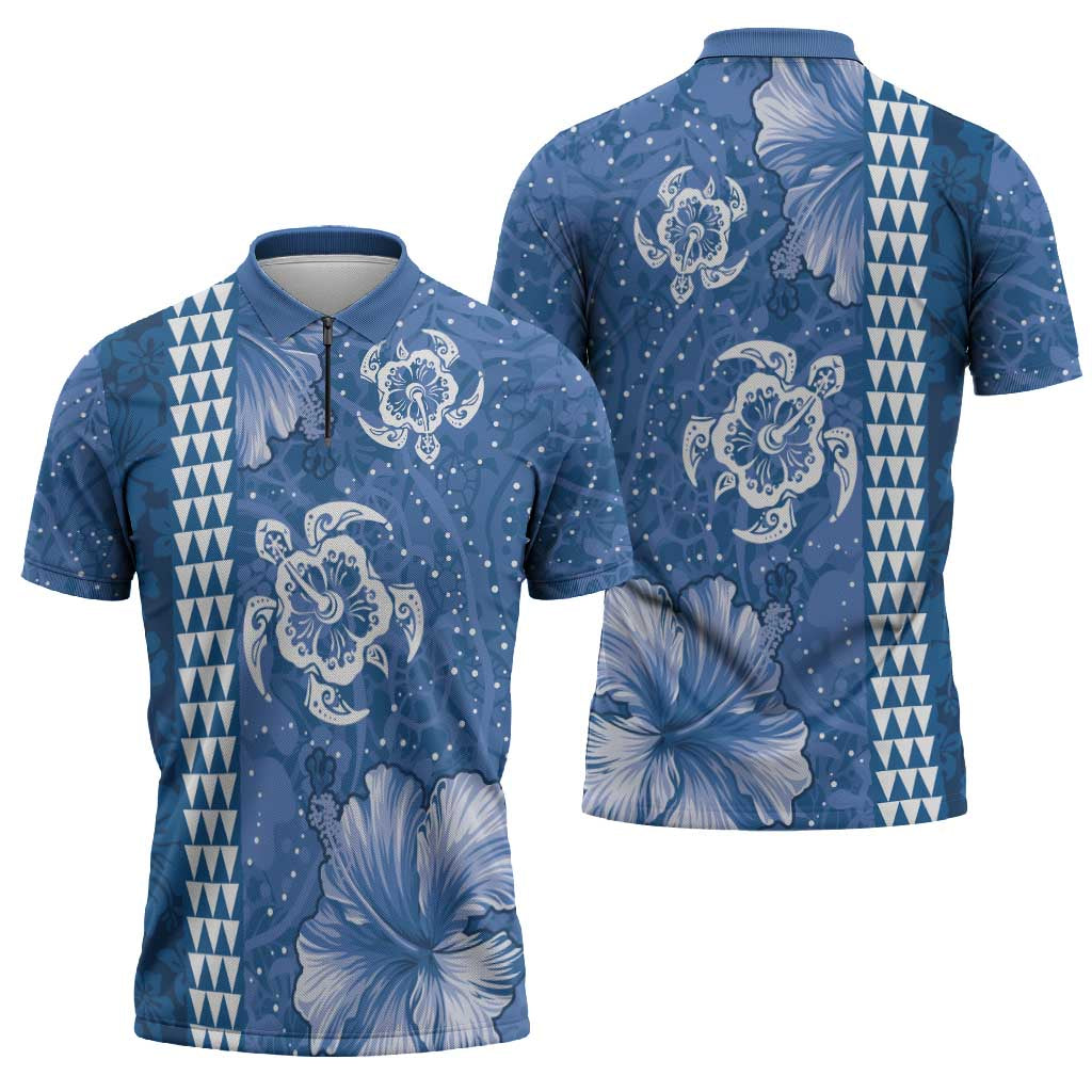 Blue Hibiscus Turle Zipper Polo Shirt Hawaiian Style Tribal Tapa Pattern - Polynesian Pride