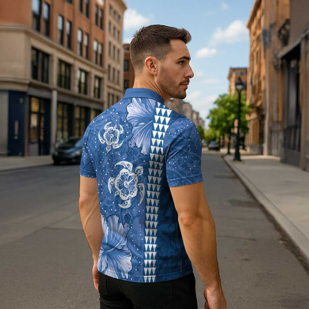 Blue Hibiscus Turle Zipper Polo Shirt Hawaiian Style Tribal Tapa Pattern - Polynesian Pride