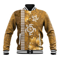Gold Hibiscus Turle Baseball Jacket Hawaiian Style Tribal Tapa Pattern