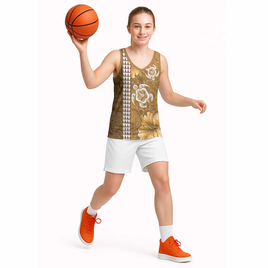 Gold Hibiscus Turle Basketball Jersey Hawaiian Style Tribal Tapa Pattern - Polynesian Pride