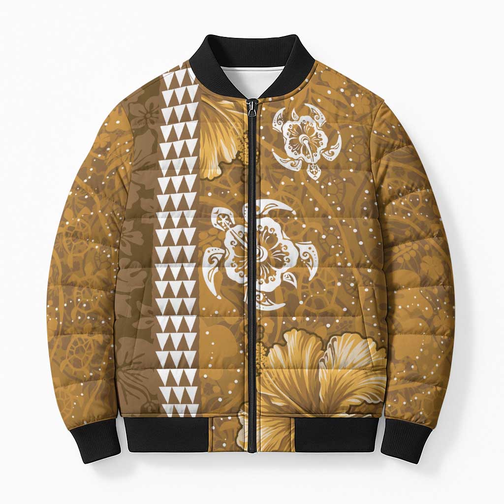 Gold Hibiscus Turle Bomber Puffer Jacket Hawaiian Style Tribal Tapa Pattern - Polynesian Pride