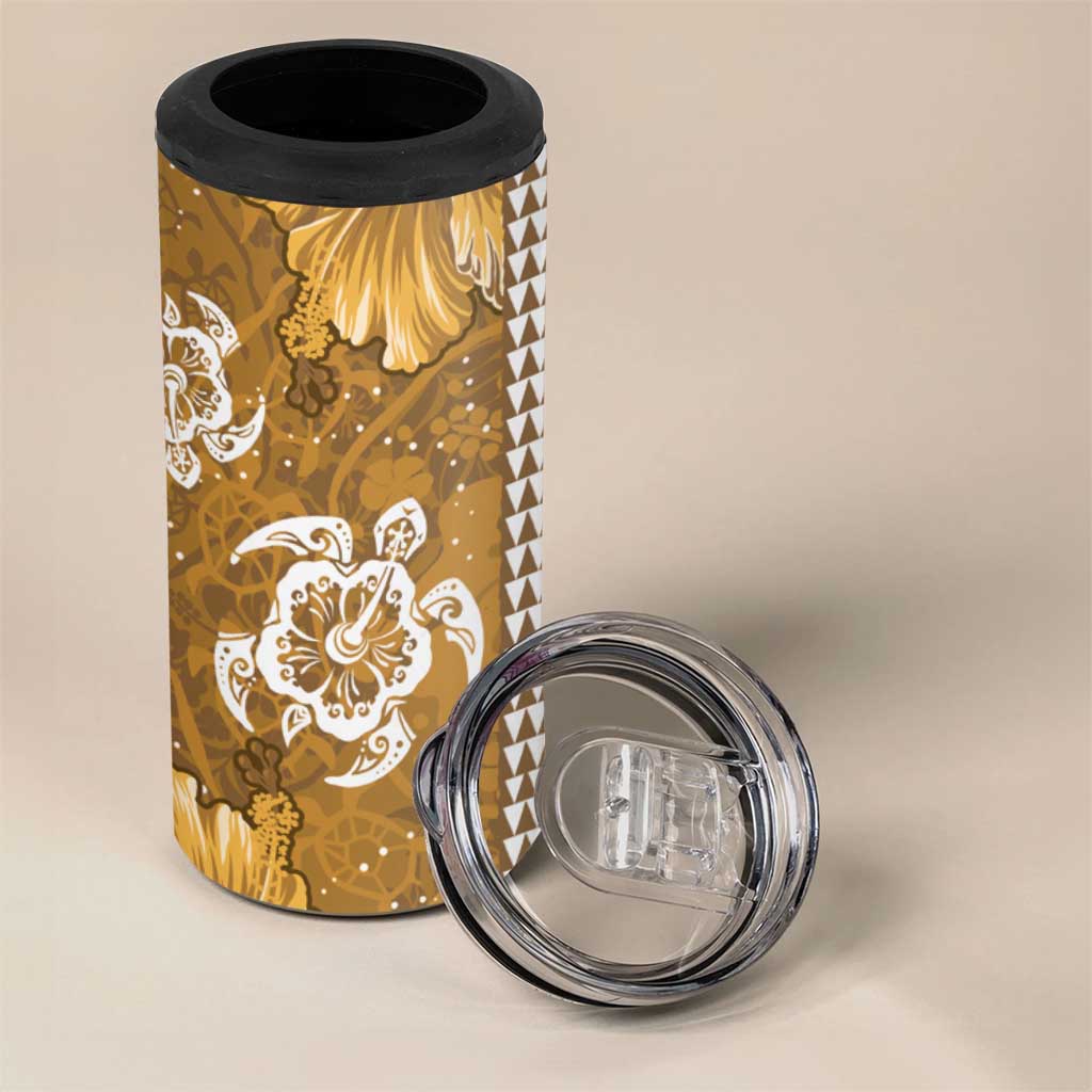 Gold Hibiscus Turle 4 in 1 Can Cooler Tumbler Hawaiian Style Tribal Tapa Pattern