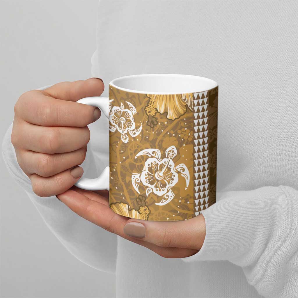 Gold Hibiscus Turle Ceramic Mug Hawaiian Style Tribal Tapa Pattern - Polynesian Pride