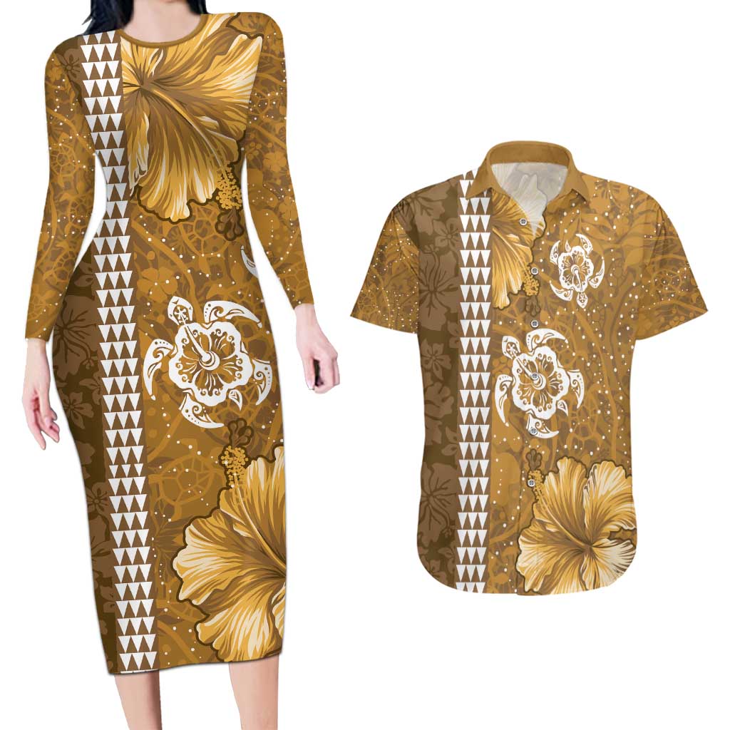 Gold Hibiscus Turle Couples Matching Long Sleeve Bodycon Dress and Hawaiian Shirt Hawaiian Style Tribal Tapa Pattern
