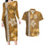 Gold Hibiscus Turle Couples Matching Long Sleeve Bodycon Dress and Hawaiian Shirt Hawaiian Style Tribal Tapa Pattern