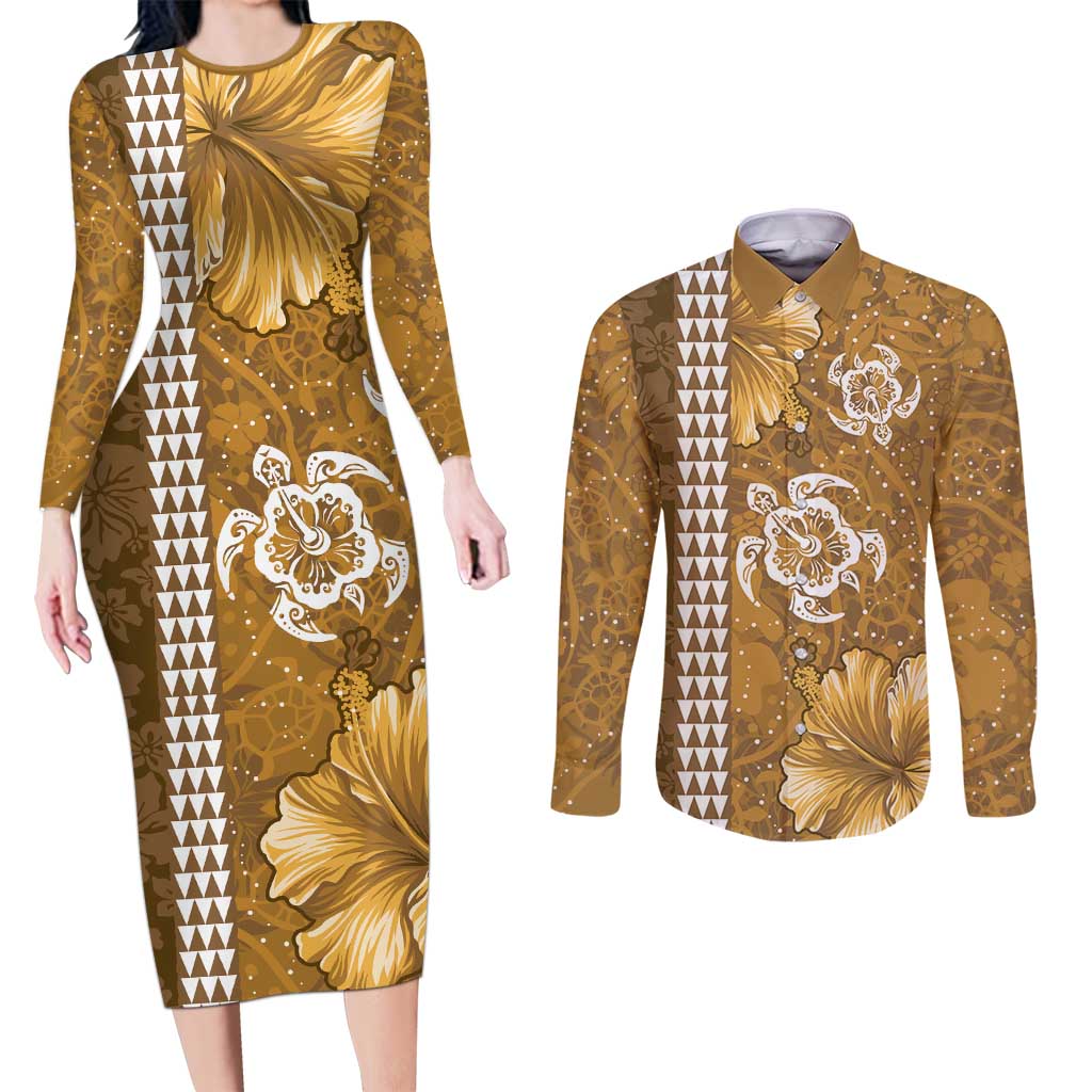 Gold Hibiscus Turle Couples Matching Long Sleeve Bodycon Dress and Long Sleeve Button Shirt Hawaiian Style Tribal Tapa Pattern