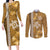 Gold Hibiscus Turle Couples Matching Long Sleeve Bodycon Dress and Long Sleeve Button Shirt Hawaiian Style Tribal Tapa Pattern