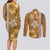Gold Hibiscus Turle Couples Matching Long Sleeve Bodycon Dress and Long Sleeve Button Shirt Hawaiian Style Tribal Tapa Pattern
