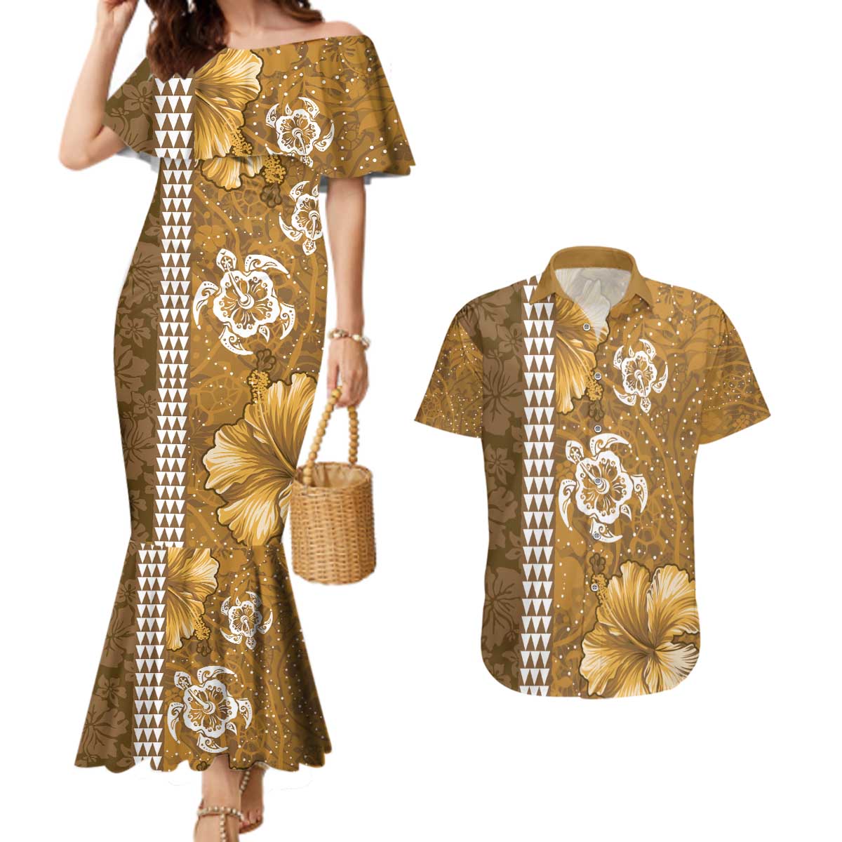 Gold Hibiscus Turle Couples Matching Mermaid Dress and Hawaiian Shirt Hawaiian Style Tribal Tapa Pattern
