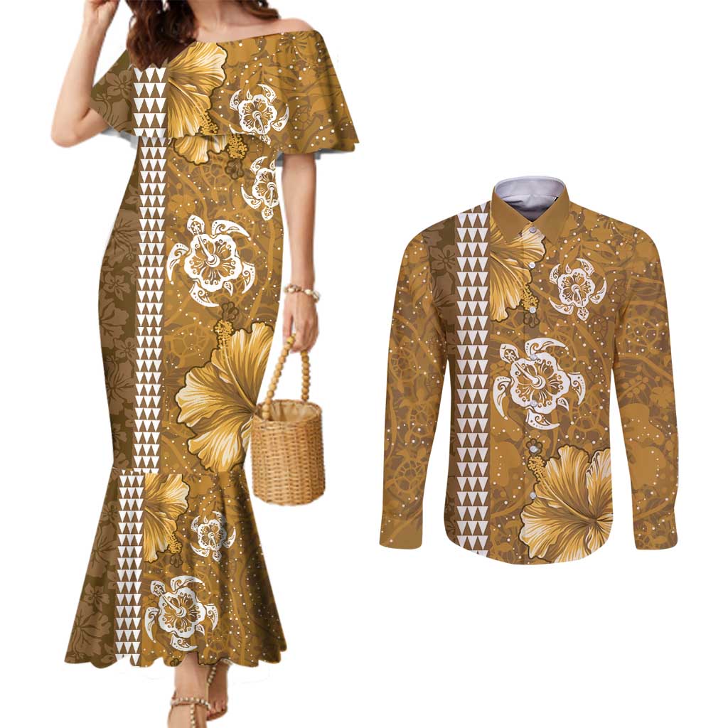 Gold Hibiscus Turle Couples Matching Mermaid Dress and Long Sleeve Button Shirt Hawaiian Style Tribal Tapa Pattern