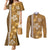 Gold Hibiscus Turle Couples Matching Mermaid Dress and Long Sleeve Button Shirt Hawaiian Style Tribal Tapa Pattern