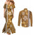 Gold Hibiscus Turle Couples Matching Mermaid Dress and Long Sleeve Button Shirt Hawaiian Style Tribal Tapa Pattern