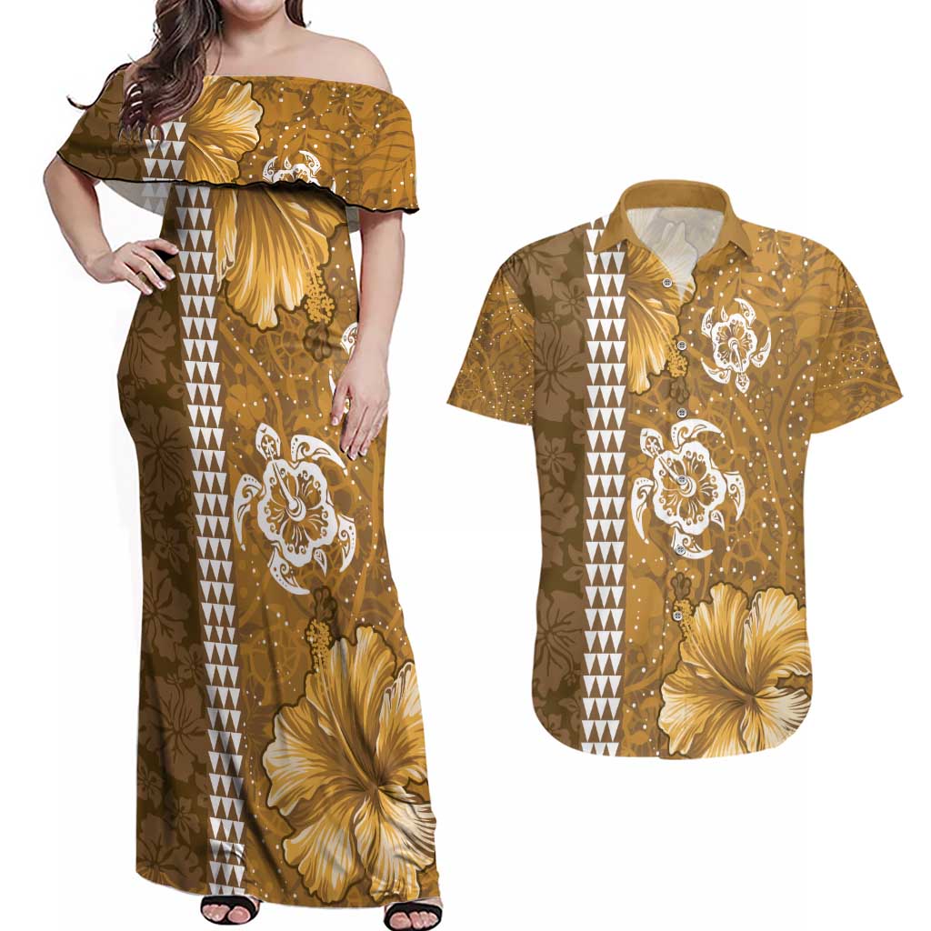 Gold Hibiscus Turle Couples Matching Off Shoulder Maxi Dress and Hawaiian Shirt Hawaiian Style Tribal Tapa Pattern