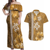 Gold Hibiscus Turle Couples Matching Off Shoulder Maxi Dress and Hawaiian Shirt Hawaiian Style Tribal Tapa Pattern