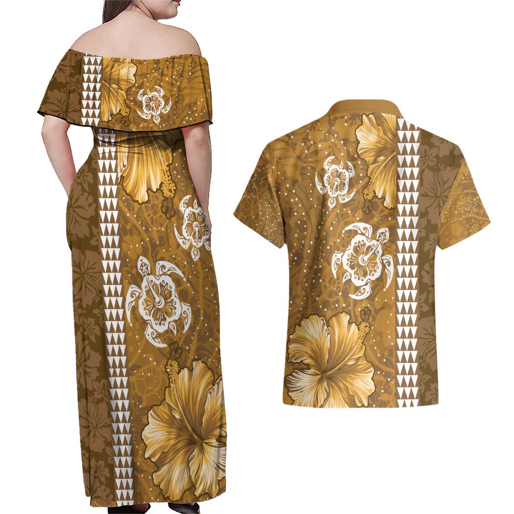 Gold Hibiscus Turle Couples Matching Off Shoulder Maxi Dress and Hawaiian Shirt Hawaiian Style Tribal Tapa Pattern