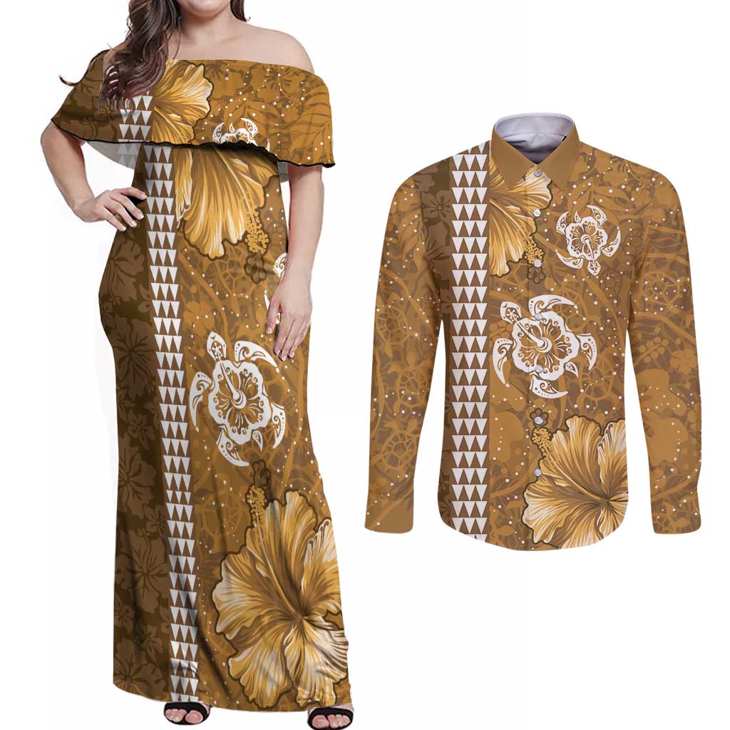 Gold Hibiscus Turle Couples Matching Off Shoulder Maxi Dress and Long Sleeve Button Shirt Hawaiian Style Tribal Tapa Pattern