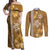 Gold Hibiscus Turle Couples Matching Off Shoulder Maxi Dress and Long Sleeve Button Shirt Hawaiian Style Tribal Tapa Pattern