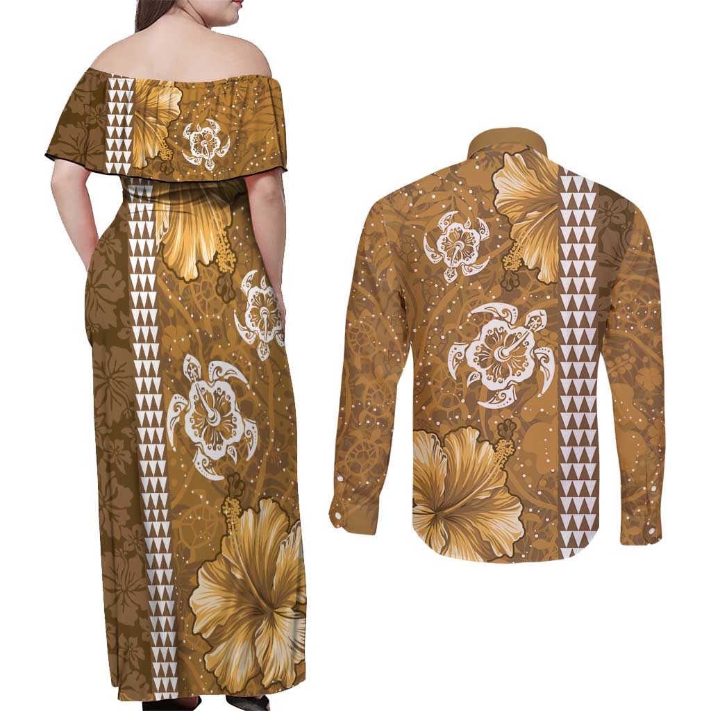 Gold Hibiscus Turle Couples Matching Off Shoulder Maxi Dress and Long Sleeve Button Shirt Hawaiian Style Tribal Tapa Pattern