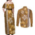 Gold Hibiscus Turle Couples Matching Off Shoulder Maxi Dress and Long Sleeve Button Shirt Hawaiian Style Tribal Tapa Pattern