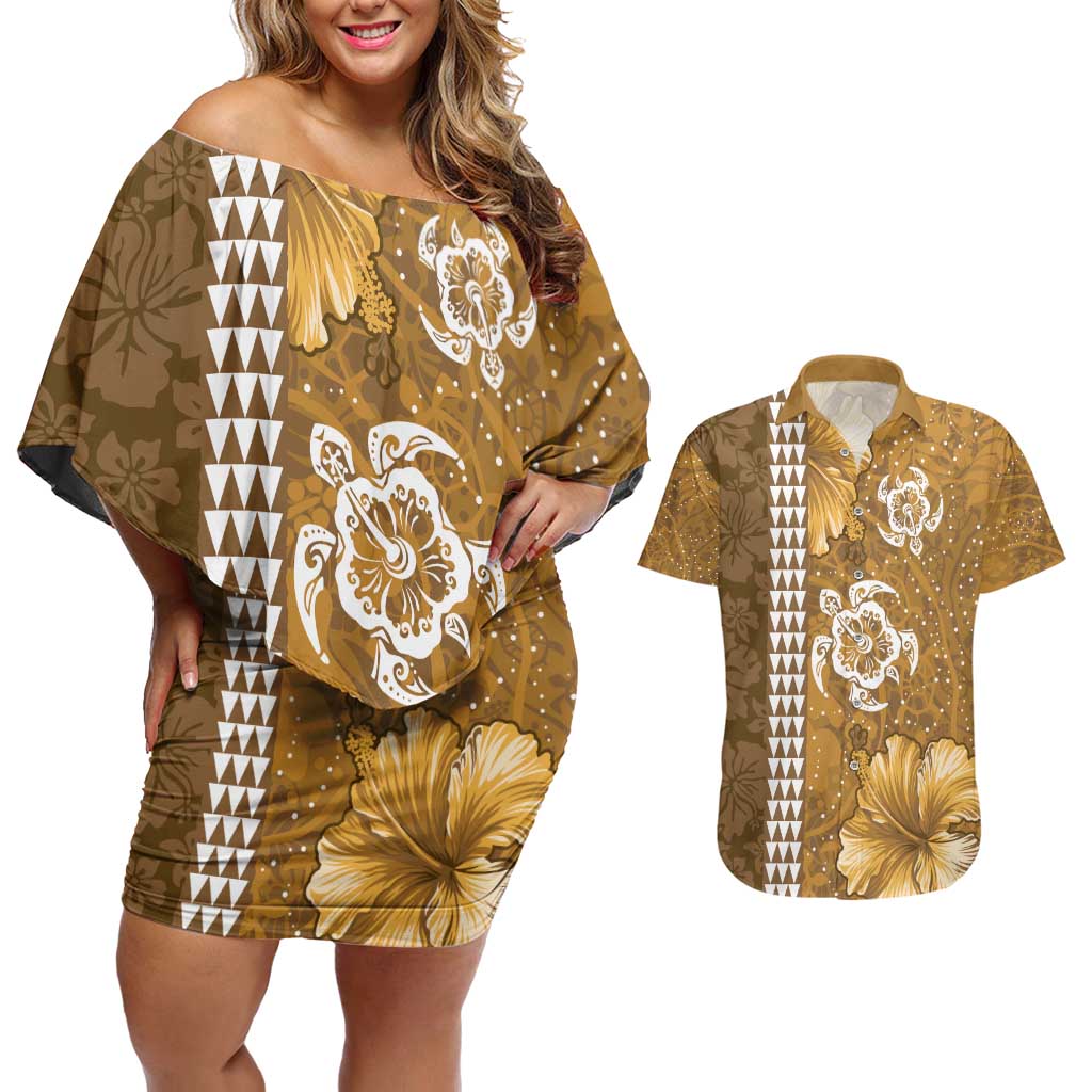 Gold Hibiscus Turle Couples Matching Off Shoulder Short Dress and Hawaiian Shirt Hawaiian Style Tribal Tapa Pattern