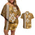 Gold Hibiscus Turle Couples Matching Off Shoulder Short Dress and Hawaiian Shirt Hawaiian Style Tribal Tapa Pattern