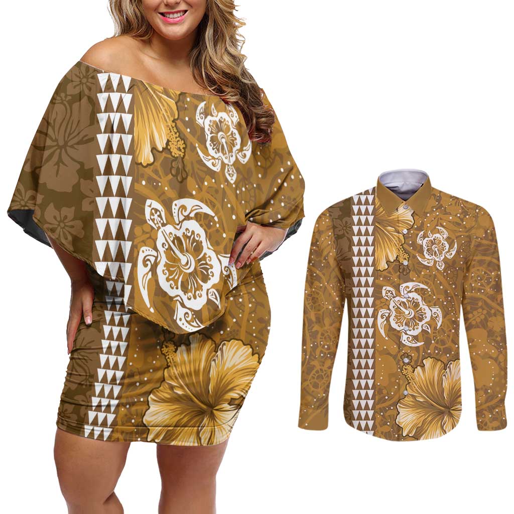 Gold Hibiscus Turle Couples Matching Off Shoulder Short Dress and Long Sleeve Button Shirt Hawaiian Style Tribal Tapa Pattern