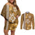 Gold Hibiscus Turle Couples Matching Off Shoulder Short Dress and Long Sleeve Button Shirt Hawaiian Style Tribal Tapa Pattern