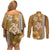 Gold Hibiscus Turle Couples Matching Off Shoulder Short Dress and Long Sleeve Button Shirt Hawaiian Style Tribal Tapa Pattern