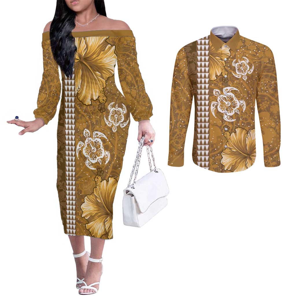 Gold Hibiscus Turle Couples Matching Off The Shoulder Long Sleeve Dress and Long Sleeve Button Shirt Hawaiian Style Tribal Tapa Pattern