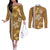 Gold Hibiscus Turle Couples Matching Off The Shoulder Long Sleeve Dress and Long Sleeve Button Shirt Hawaiian Style Tribal Tapa Pattern